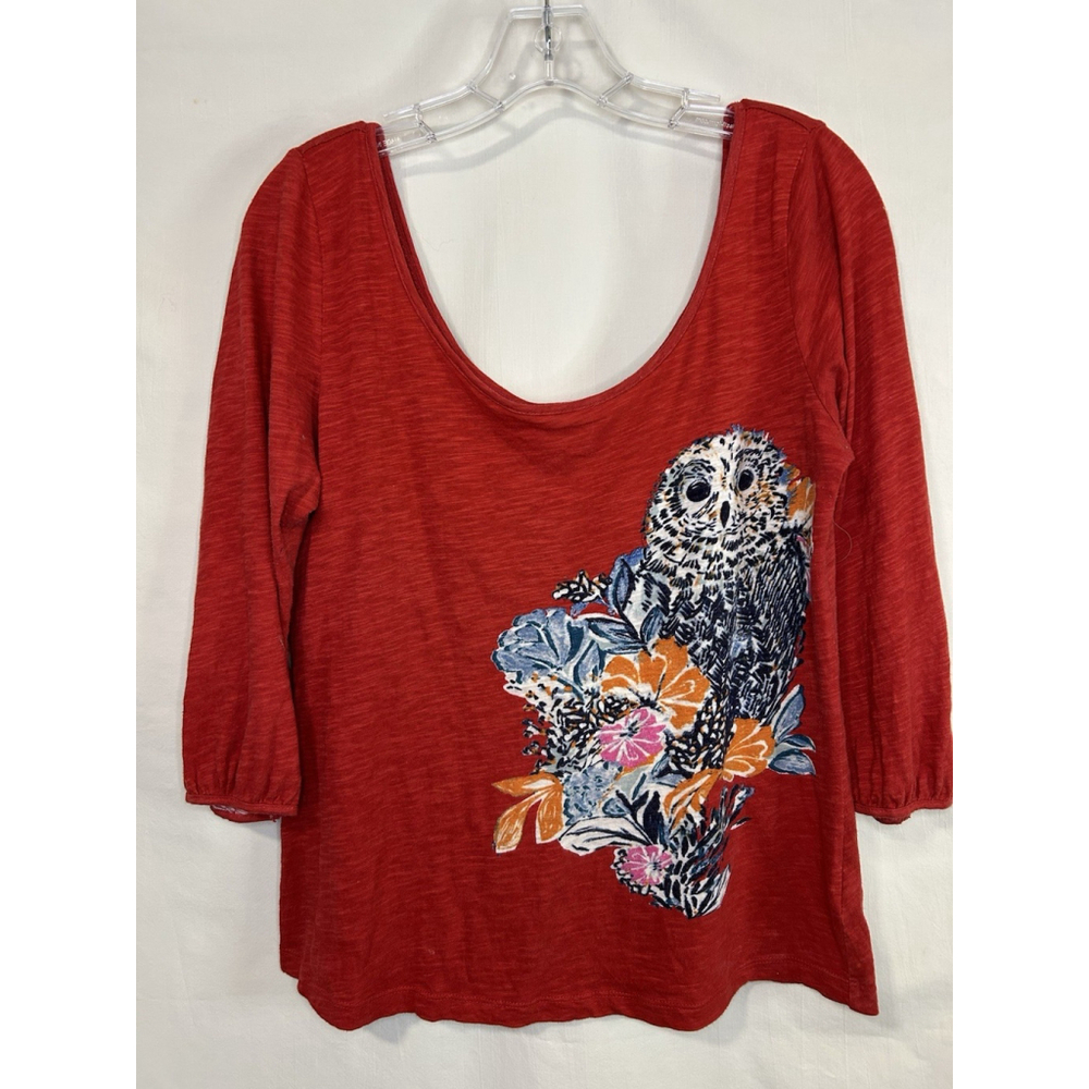9-H15 Postmark Anthropologie Top Shirt Red Forest Fete Owl Scoop Neck Medium - Picture 2 of 7